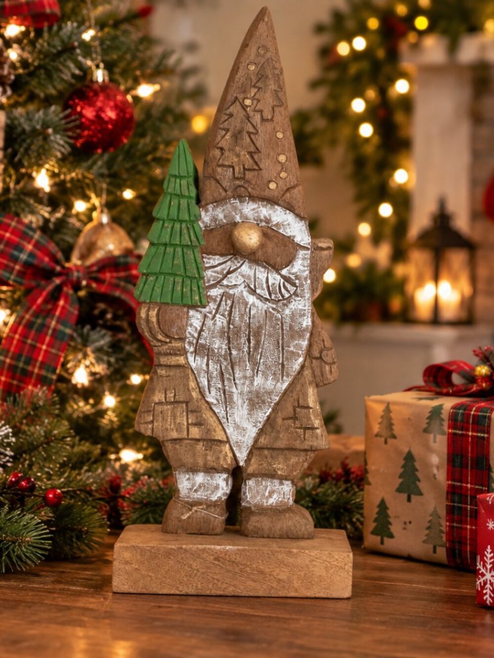 Hand Carved Wood Holiday Gnome-NWT